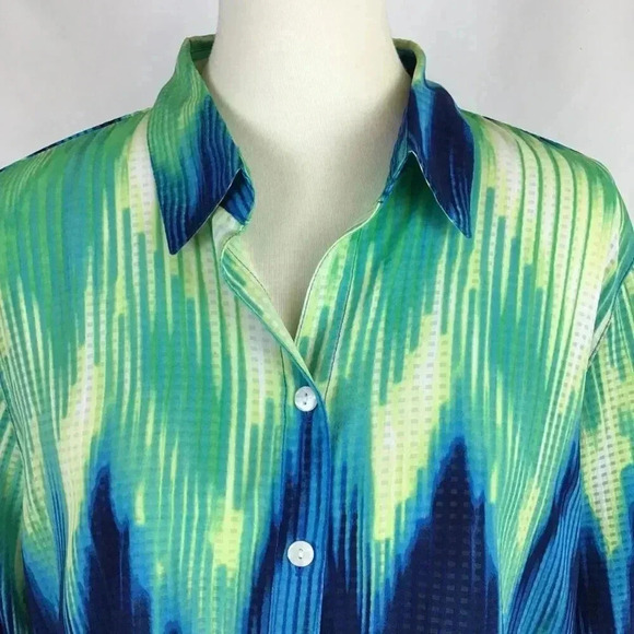Alia Sheer Gingham Tye Die Button Down Top Shirt Blue Green Yellow Zigzag 16 - Picture 6 of 12